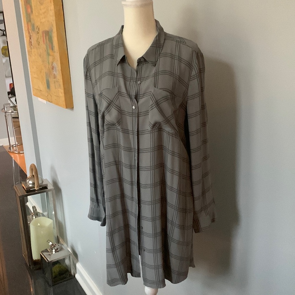 Women's Gray Plaid Long Sleeve Shirt Dress
